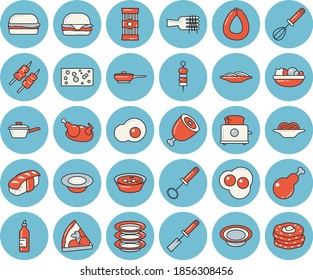 Thin line blue tinted icon set - frying pan flat vector, saute, kitchen spatula, whisk, toaster, plates, spaghetti, sausage, cheese, on a fork, hamburger, pizza, dish, salad, soup, chicken, ham