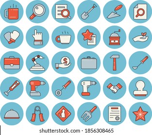 Dünne, blaue, getönte Ikonenset - Stuhlflachvektor, Bohrschraubendreher, Hammer, Leiter, Küchenlöffel, Kaffeemaschine, Mixer, Schale, Tee, Pitchgabel, Schaufel, Setzlinge, Robotik, Gehäuse, Investitionen