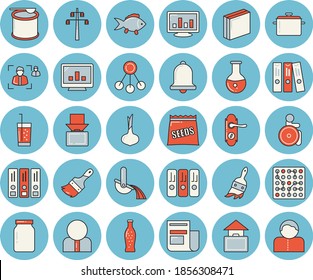 Thin line blue tinted icon set - paint brush flat vector, door lock, saucepan, glass jar, fish, onion, lemonade, soda, seeds, power line support, metallurgy, hierarchy, person, news, disabled, hand