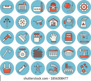 Thin line blue tinted icon set - concrete mixer flat vector, wheelbarrow, level meter, putty knife, ax, gloves, oil pumping, trammel, main pipeline, refueling, factory, accumulator, manufactory