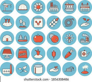 Thin line blue tinted icon set - crane flat vector, tomato, cranberry, seeds, ear, carrot, flower, hose, seedlings, watering can, planting plants, greenhouse, fertilizer vectory, solar battery