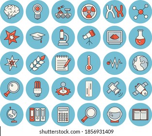 Thin line blue tinted icon set - thermometer flat vector, radiation, laser, earth, medical analysis, ultrasound, chromosomes, molecule, microscope, notepad, satellit, bulb, energy saving lamp fector