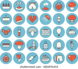 Juego de íconos de tintado azul delgado - champiñón plano, ladybird, tulipán, plántulas, mariposas, análisis de sangre, gestación, pantalones cortos atléticos, globo, equipaje, maleta, isla, cena romántica, medusa