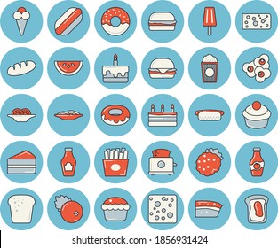 Thin line blue tinted icon set - toaster flat vector, ketchup, cheese, bread, watermelon, spaghetti, hamburger, hot dog, cupcake, piece of cake, donut, French fries, popcorn, ice cream, cranberry