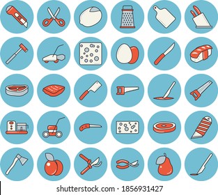Thin line blue tinted icon set - saw flat vector, stationery knife, ax, knives, scissors, cutting board, food processor, egg, grater, chop, lemon, cheese, sashimi, plum, pear, secateurs, lawn mower