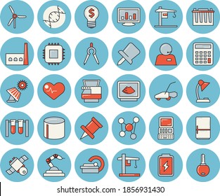 Thin line blue tinted icon set - crane flat vector, fridge, lawn mower, battery, solar, accumulator, manufactory, pipe production, motherboard, robotics, dividers, idea, ultrasound, tomograph, dna