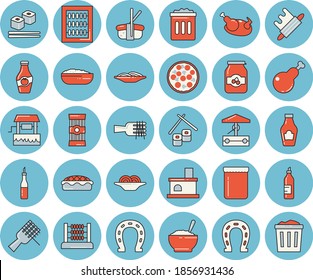 Thin line blue tinted icon set - rolling pin flat vector, spaghetti, ketchup, sauce, on a fork, pizza, porridge, pie, chicken, fish rolls, sashimi, jam, mustard, well, horseshoe, fireplace, abacus