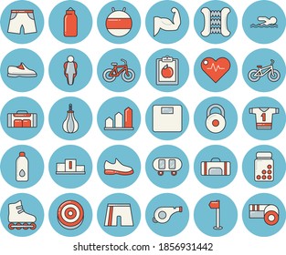 Thin line blue tinted icon set - weight flat vector, pedestal, whistle, sneakers, skateboard, heartbeat, diet, achievement chart, weighing machine, muscles, bicycle, vitamins, carpal expander, flag