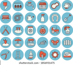 Thin line blue tinted icon set - fertilizer flat vectory, well vector, tree, pulverizer, ladybird, grain warehouse, horseshoe, tractor, sprinkling machine, shovel, hose, fence, paint brush, ladder