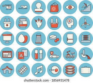 Thin line blue tinted icon set - fridge flat vector, grater, plates, egg, windmill, plug socket, autopilot, mining, metallurgy, flipchart, bags, pill packaging, pills, headache, helicopter, calendar