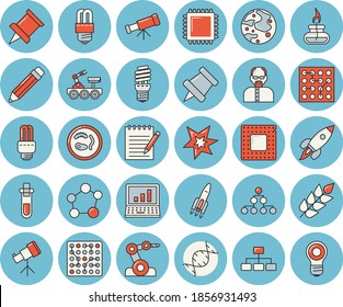 Juego de íconos de color azul claro - lámpara de ahorro de energía vector plano, molécula, bloc de notas, lápiz, cohete, luna, fector, quemador de gas, ordenador, chispa, cpu, científico, panaderos, chinche, robot industrial, adn