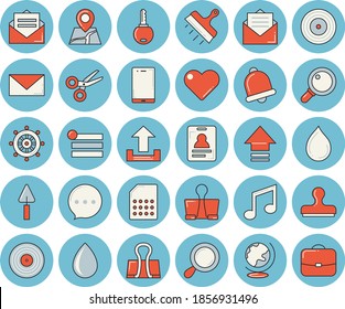 Thin line blue tinted icon set - trowel flat vector, putty knife, SIM card, bell, scissors, menu, upload, badge, stamp, binder clip, steering wheel, magnifier, message, envelope, mobile, chat, heart