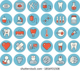 Thin line blue tinted icon set - thermometer flat vector, medical warmer, blood transfusion, syringe, heart, physician, microscope, briefcase, analysis, injury, eye, headache, patch, diagnostics