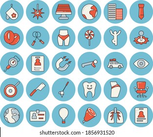 Thin line blue tinted icon set - skyscraper flat vector, teflon, spring balance, potholder, knives, ham, lollipop, coffee beans, solar battery, laser, magnet, earth, eye, tooth, lungs, badge, tie