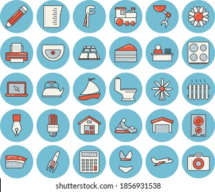 Thin line blue tinted icon set - tool flat vector, sink, toilet, flooring, meashuring cup, teapot, electric stove, induction cooker, piece of cake, flower, windmill, radiator, warehouse, sailboat