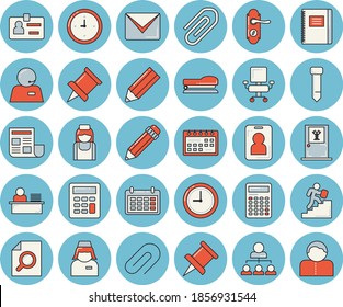 Thin Line Blue Tinted Icon Set - Door Lock Flat Vector, Calendar, Nurse, Clip, Drawing Pin, Clock, Document, Calculator, Badge, Magnifier, Office Chair, Phone Operator, Worker, Tie, Pencil, Stapler