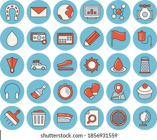Thin line blue tinted icon set - paint brush flat vector, putty knife, sieve, grater, cupcake, piece of cake, horseshoe, sun, main pipeline, drop, cash, flag, medical warmer, molecules, calendar