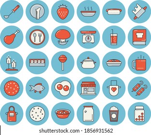 Thin line blue tinted icon set - saucepan flat vector, weighing machine, apron, ladle, rolling pin, cookbook, spice, table setting, ham, fish, biscuit, hot dog, soup, pie, shashlik, lollipop, soda