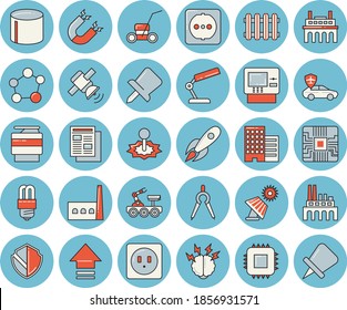 Juego de íconos de color azul claro - enchufes vectores planos, lámpara de ahorro de energía, rascacielos, cortadora de césped, batería solar, manufactura, planta, piloto automático, láser, producción de tuberías, motherboard, divisores, cohete