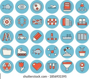 Thin line blue tinted icon set - brick wall flat vector, window, ladder, pipes, tile, spice, fish, home plant, tulip, refueling, radiation, robotics, funnel, eye, office building, computer file, car