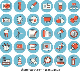 Juego de íconos de tintado azul de línea delgada - vagón plano de carrito de compras, faro, jerarquía, lupa, cajero automático, pipeta, análisis de sangre, diagnóstico de la salud por computadora, ADN, inseminación artificial, insignia