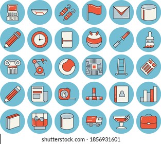 Thin line blue tinted icon set - tape measure flat vector, pipes, kitchen spatula, fridge, shashlik, whiskey, paint brush, ladder, pipe production, motherboard, robotics, chart, flag, news, trucking