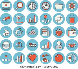 Thin line blue tinted icon set - hiking pot flat vector, ladybird, oil pumping, crane, carbon dioxide, magnet, hierarchy, magnifier, cogwheel, earth, chart, purse, news, heart, embryo, stomach, dna