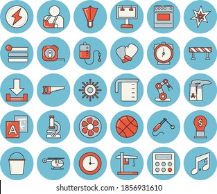 Thin line blue tinted icon set - tape measure flat vector, barrier, meashuring cup, electric stove, saw, bucketful, sun, ventilation, crane, welding, billboard, idea, blood transfusion, injury, menu