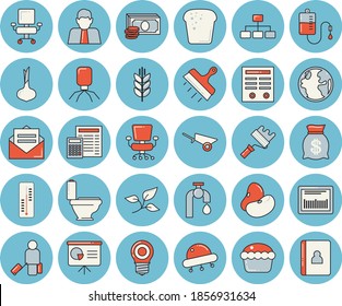 Thin line blue tinted icon set - wheelbarrow flat vector, paint roller, toilet, calculator, putty knife, legumes, onion, bread, cupcake, thermometer, water tap, tree leaf, earth, lamp, person, cash