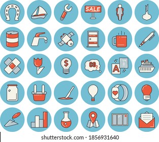 Thin line blue tinted icon set - window flat vector, trowel, Entrance door, energy saving lamp, faucet, onion, tea, horseshoe, tulip, oil tanks, carbon dioxide, wrench, glass bottles, metallurgy