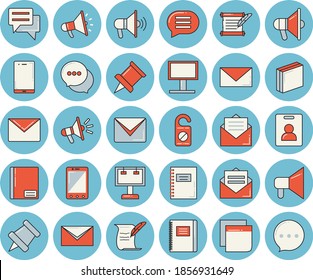 Thin line blue tinted icon set - billboard flat vector, mouthpiece, chat, notebook, sticker, mail, hostory roll, pushpin, indentity card, do not disturb, message, envelope, mobile