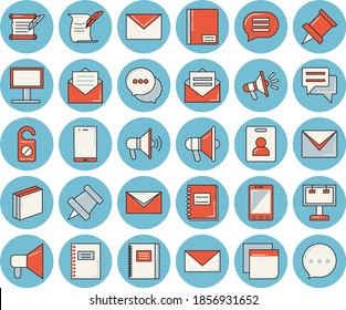 Thin line blue tinted icon set - billboard flat vector, mouthpiece, chat, notebook, sticker, mail, hostory roll, pushpin, indentity card, do not disturb, message, envelope, mobile