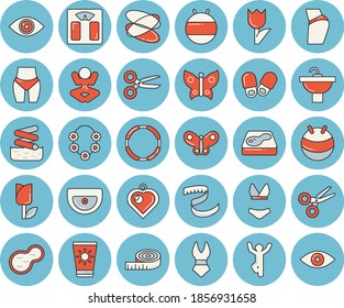 Thin line blue tinted icon set - sink flat vector, tulip, butterflies, pond, pool, weighing machine, centimeter, buttocks, waistline, fitball, swimsuit, yoga, gymnastics, hoop, sun protection cream