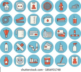 Thin line blue tinted icon set - pipes flat vector, sockets, measure, meashuring cup, food processor, sieve, ketchup, soda, coffe, pulverizer, hose, canister, credit card, telephone, stapler, water