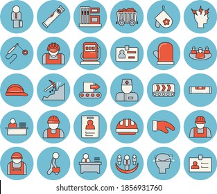 Thin line blue tinted icon set - builder flat vector, level meter, hard hat, potholder, gas station, refueling, conveyor, construction worker, welding, mining, physician, headache, teamwork, badge