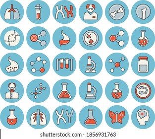 Thin line blue tinted icon set - butterflies flat vector, chemistry, molecules, medical analysis, chromosomes, bone fracture, stomach, lungs, flask, molecule, microscope, scientist, beakers, dna