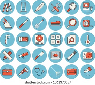 Thin line blue tinted icon set - tool flat vector, tape measure, bag, ladder, level meter, weighing machine, knives, temperature, shovel, rake, trammel, magnifier, calculator, thermometer, stapler