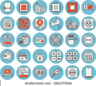 Thin line blue tinted icon set - sockets flat vector, calculator, weighing machine, spring balance, mixer, fridge, socket, plug, motherboard, credit card, cash, computer chart, telephone, laptop