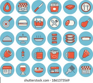 Thin line blue tinted icon set - teflon flat vector, knives, coffee machine, dish, table setting, plates, spaghetti, ham, sausage, on a fork, hamburger, hot dog, salad, soup, chop, French fries, tea
