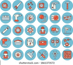Dünne Linie blaues, getöntes Symbol Set - Kranflachvektor, Bauer, Ziegelwand, Haken, Betonmischer, Zahnrad, Werkzeug, Bohrmaschine, Säge, Band, Tasche, Niveaumesser, Schaltkasten, Reparatur, Putt-Messer