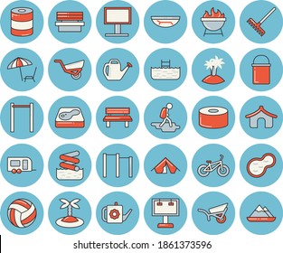 Thin line blue tinted icon set - hiking pot flat vector, barbecue, canned food, rake, watering can, garden wheelbarrow, bench, pond, pool, billboard, volleyball, bicycle, parallel bars, trailer