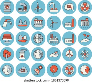 Thin line blue tinted icon set - faucet flat vector, tree, seedlings, solar battery, windmill, earth, factory, oil tanks, forest, hydroelectric power station, manufactory, plant, radiation, nuclear
