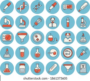 Juego de íconos tintados de color azul delgado - química vector plano, embudo, transfusión de sangre, termómetro, pipeta, prueba, jeringa, microscopio, análisis médico, ADN, inseminación artificial, matraz, quemador de gas