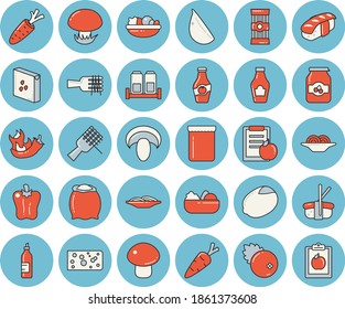 Thin line blue tinted icon set - spice flat vector, flour, groats, spaghetti, ketchup, lemon, cheese, on a fork, mushroom, salad, garlic, bell pepper, hot peppers, sashimi, jam, cranberry, mustard