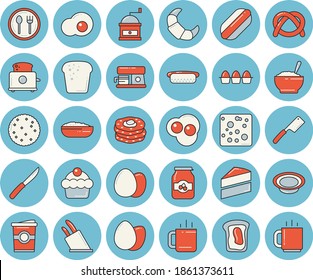 Thin line blue tinted icon set - cake flat vector, knives, coffee grinder, toaster, machine, egg, table setting, biscuit, bagel, croissant, cheese, bread, hot dog, dish, porridge, coffe, tea, jam