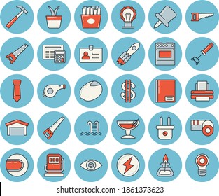 Thin line blue tinted icon set - saw flat vector, calculator, hammer, whisk, electric stove, lemon, French fries, home plant, refueling, plug socket, warehouse, rocket, dollar, eye, notebook, tie