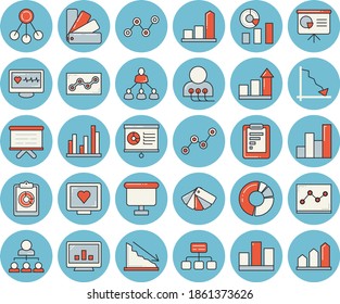 Thin line blue tinted icon set - color scheme flat vector, hierarchy, graphic report, crisis, chart, statistics, scatter, flipchart, computer diagnostics of health, statistic, clircle diagram, point