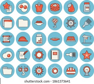 Thin line blue tinted icon set - crane flat vector, hook, hard hat, spaghetti on a fork, bell pepper, scrambled eggs, pear, pancakes, sun, computer file, sticker, hostory roll, notebook, vitamins