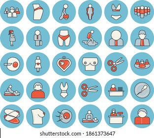 Juego de íconos de color azul claro - persona vector plano, equipo, masaje, gestación, pecho, esperma, inseminación artificial, trabajo en equipo, trabajador de oficina, empresario, nalgas, cintura, traje de baño, aro, talla