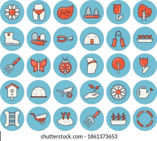 Thin line blue tinted icon set - nesting box flat vector, tree, flower, ladybird, pitchfork, secateurs, seedlings, watering can, planting plants, garden wheelbarrow, gumboots, tulip, butterflies